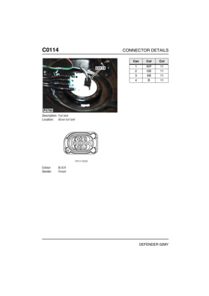 Page 149C0114CONNECTOR DETAILS
DEFENDER 02MY
C011 4
Description:Fuel tank
Location:Above fuel tank
Colour:BLACK
Gender:Female
P5780
C0114
CavColCct
1WP11
2GB11
3SB11
4B11 