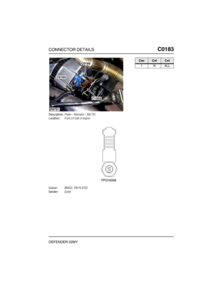 Page 176CONNECTOR DETAILSC0183
DEFENDER 02MY
C0 183
Description:Power - Alternator - 300 TDi
Location:Front LH side of engine
Colour:BRASS, TIN-PLATED
Gender:Eyelet
P6751
C0185
C0183
C1202
CavColCct
1NALL 