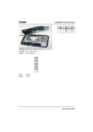 Page 235C0356CONNECTOR DETAILS
DEFENDER 02MY
C035 6
Description:Lamp - Interior - Rear
Location:Rear of headlining
Colour:NATURAL
Gender:Female
P6756
C0356
C1209
CavColCct
1PW44
3PN44 