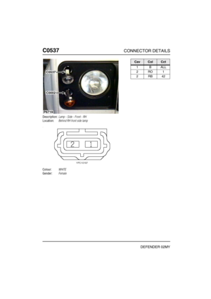 Page 285C0537CONNECTOR DETAILS
DEFENDER 02MY
C053 7
Description:Lamp - Side - Front - RH
Location:Behind RH front side lamp
Colour:WHITE
Gender:Female
P6719
C0002
C0537
CavColCct
1BALL
2RO1
2RB42 