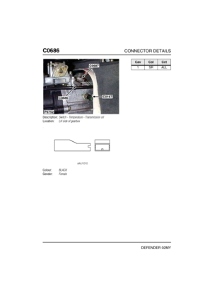 Page 309C0686CONNECTOR DETAILS
DEFENDER 02MY
C068 6
Description:Switch - Temperature - Transmission oil
Location:LH side of gearbox
Colour:BLACK
Gender:Female
P6752
C0687
C0167C0686
CavColCct
1SRALL 