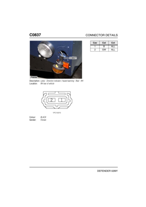 Page 323C0837CONNECTOR DETAILS
DEFENDER 02MY
C083 7
Description:Lamp - Direction indicator / hazard warning - Rear - RH
Location:RH rear of vehicle
Colour:BLACK
Gender:Female
P6698
C0837
CavColCct
1BALL
2GWALL 