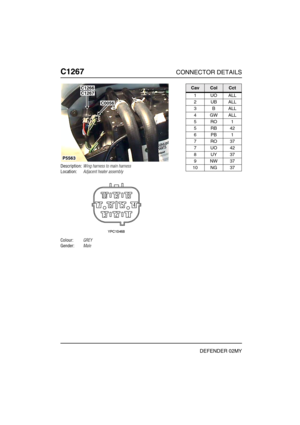 Page 355C1267CONNECTOR DETAILS
DEFENDER 02MY
C126 7
Description:Wing harness to main harness
Location:Adjacent heater assembly
Colour:GREY
Gender:Male
P5563
C1267
C0056
C1266CavColCct
1UOALL
2UBALL
3BALL
4GWALL
5RO1
5RB42
6PB1
7RO37
7UO42
8UY37
9NW37
10 NG 37 