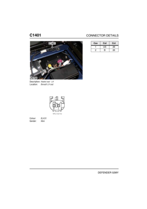 Page 361C1401CONNECTOR DETAILS
DEFENDER 02MY
C140 1
Description:Heated seat - LH
Location:Beneath LH seat
Colour:BLACK
Gender:Male
P6768
C1401CavColCct
1US26
2B26 