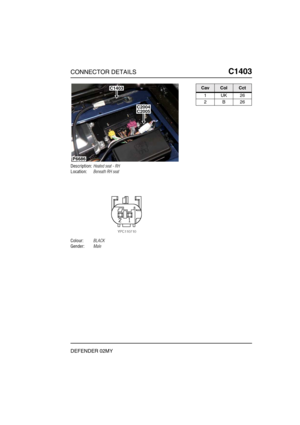 Page 362CONNECTOR DETAILSC1403
DEFENDER 02MY
C1 403
Description:Heated seat - RH
Location:Beneath RH seat
Colour:BLACK
Gender:Male
P6686
C1403
C2005C2004
CavColCct
1UK26
2B26 