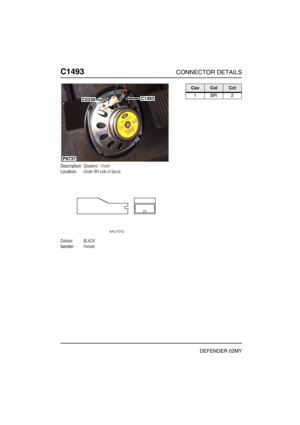 Page 365C1493CONNECTOR DETAILS
DEFENDER 02MY
C149 3
Description:Speakers - Front
Location:Under RH side of fascia
Colour:BLACK
Gender:Female
P6737
C0339C1493
CavColCct
1BR2 