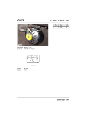 Page 369C1577CONNECTOR DETAILS
DEFENDER 02MY
C157 7
Description:Speakers - Front
Location:Under RH side of fascia
Colour:NATURAL
Gender:Female
P6736
C0369C1577
CavColCct
1BK3 