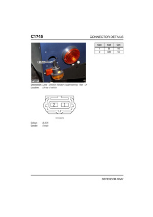 Page 387C1745CONNECTOR DETAILS
DEFENDER 02MY
C174 5
Description:Lamp - Direction indicator / hazard warning - Rear - LH
Location:LH rear of vehicle
Colour:BLACK
Gender:Female
P6699
C1745
CavColCct
1B16
2GR16 