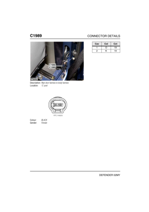 Page 403C1989CONNECTOR DETAILS
DEFENDER 02MY
C198 9
Description:Rear door harness to body harness
Location:C post
Colour:BLACK
Gender:Female
P6682
C1990C1989
CavColCct
1O19
2K19 