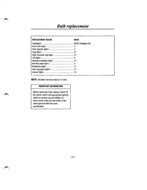 Page 108Bulb replacement 
REPLACEMENT BULBS Watts 
Headlights ........................................................... 60/55 {Halogen H4) 
Front side lights ................................................... 5 
Side repeater lights .............................................. 5 
Stop lights ........................................................... 21 
High mounted stop light ...................................... 21 
Taillights ............................................................. 5 
Direction...