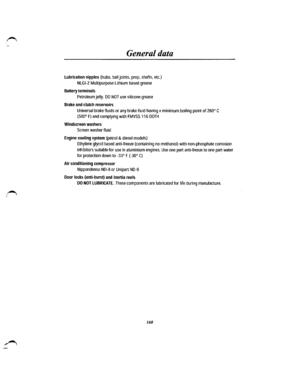 Page 150,_ 
General data 
lubrication  nipples (hubs, ball joints, prop. shafts, etc.) 
NLGI-2 Multipurpose Lithium based grease 
Battery terminals 
Petroleum jelly. DO NOT use silicone grease 
Brake and clutch reservoirs 
Universal brake fluids or any brake fluid having a minimum boiling point of 260° C 
(500° F) and complying with FMVSS 116 DOT 4 
Windscreen washers 
Screen washer fluid 
Engine cooling system (petrol & diesel models) 
Ethylene glycol based anti-freeze (containing no methanol) with...