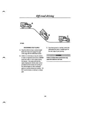 Page 174Off-road driving 
ST293 
DESCENDING STEEP SLOPES 
A. Stop the vehicle at least a vehicle length 
before the slope and engage first gear 
LOW range with the differential locked. 
B. Unless it is necessary to stop the vehicle 
in order to negotiate obstructions, DO NOT 
touch the brake or clutch pedals during 
the descent-the engine will limit the 
speed, keeping the vehicle under control 
provided the front wheels are turning. If 
the vehicle begins to slide, accelerate 
gently to maintain directional...