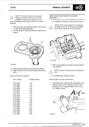 Page 37LT77S MANUAL GEARBOX 
A. .. 
NOTE: This will ensure  zero layshaft 
0,025 (0.001 in) pre-load  once  the  GEAR 
LEVER  AND  REMOTE  HOUSING 
a bearing end float and not more  than  ASSEMBLY 
cover 
and gasket  are fitted  and bolts  correctly 
torqued. 
1. Fit quadrant to selector  shaft  with  new roll  pin. 
NOTE:  Push shaft forward,  fit quadrant 
so ledge is to the  left viewing box from 
rear.  Return  shaft to neutral  position. 
3. 
Remove cover  and selected washer  and fit  new oil seal, lip...