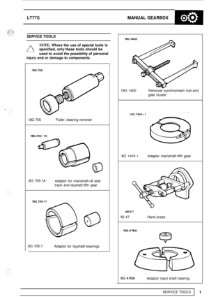 Page 43LT77S MANUAL GEARBOX 
SERVICE TOOLS 
SERVICE TOOLS 
NOTE: Where the use  of special  tools is 
specified,  only these  tools should  be 
used  to avoid  the possibility  of personal 
injury  and or damage  to components. 
1 
18G  705  Puller, bearing remover 
8G  705
-1A  Adaptor for  mainshaft oil seal 
track  and layshaft fifth  gear 
ia~.705- 
0 
8G  705-7 
Adaptor for layshaft bearings  18G  1400 
Remover  synchromesh  hub and 
gear  cluster 
-. __ 18G.7400-1 
8G 1400-1 Adaptor  mainshaft fifth  gear...