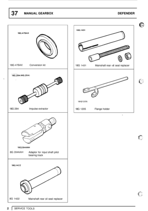 Page 4437 MANUAL GEARBOX DEFENDER 
18G.47BAX 
18G 47BAX Conversion kit 
18G  284  Impulse extractor 
18G284AAH 
8G 284AAH Adaptor for  input shaft pilot 
bearing track 
8G 
1422 Mainshaft rear  oil  seal replacer 
18G.1431 
18G 1431 Mainshaft rear oil seal replacer 
18G1205 
18G 1205 Flange holder 
2 I SERVICETOOLS  