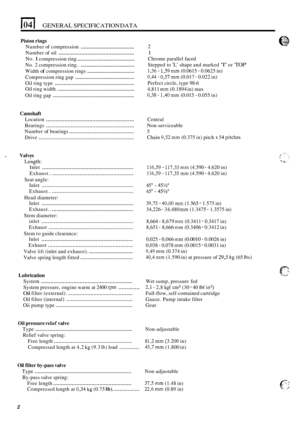 Page 111041 GENERAL SPECIFICATION DATA 
Piston rings 
Number  of compression ..................................... 
Number  of oil .................................................. 
No. 1 compression  ring ....................................... 
No. 2 compression  ring.. ..................................... 
Width of compression  rings ................................. 
Compression  ring gap ........................................ 
Oil ring  type .................................................... 
Oil...