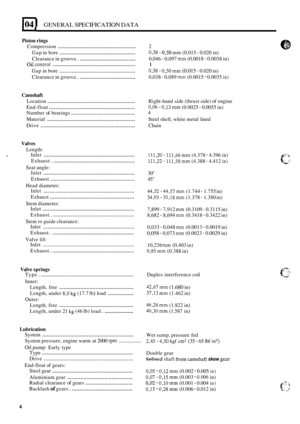 Page 13104 I GENERAL SPECIFICATION DATA 
Piston rings 
Compression ................................................... 2 
Clearance  in groove.. 
...................................... 0,046 - 0,097 mm (0.0018 - 0.0038  in) 
Oil control ...................................................... 1 
Gap in bore .................................................. 0,38 - 0,50 mm (0.015 - 0.020  in) 
Clearance  in groove.. 
...................................... 0,038 - 0,089 mm (0.0015 - 0.0035 in) 
Gap  in bore...