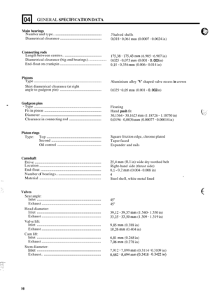 Page 19. 
04 GENERAL SPECIFICATION DATA 
Main bearings Number  and type.. ............................................ 
Diametrical  clearance ........................................ 
Connecting rods Length between  centres.. .................................... 
Diametrical  clearance (big-end bearings). ............... 
End-float on crankpin ........................................ 
Pistons Type .............................................................. 
angle  to gudgeon  pin)...