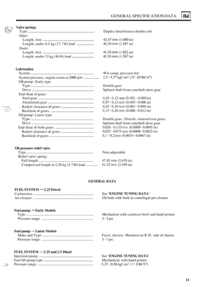 Page 20GENERAL SPECIFICATION  DATA 
,..a- d .,: -, Valve springs r,y;:.:;>:! .r:. .._ I Type .............................................................. Duplex  Interference  double coil . ., .. Inner: 
Length,  free 
................................................. 42,67 mm (1.680 in) 
Length,  under 
8,O kg (17.7 lb) load .................... 40,30 mm (1.587  in) 
Length,  free 
................................................. 46,28 mm (1 A22 in) 
Length,  under 21 
kg (46 lb) load...