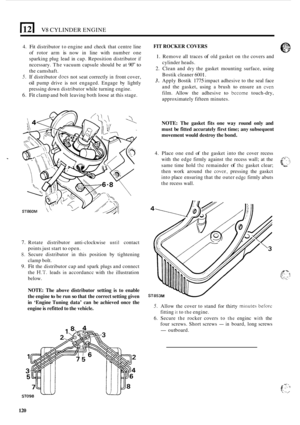 Page 2021121 V8 CYLINDER ENGINE 
4. Fit distributor to engine  and check  that centre  line 
of  rotor  arm 
is now in line  with  number  one 
sparking  plug lead in cap.  Reposition  distributor 
if 
nccessary. The vacuum  capsule should be at 90” to 
the  camshaft. 
5. If distributor does not  seat  correctly in front  cover, 
oil pump  drive is not  engaged.  Engage by lightly 
pressing  down distributor  while turning  engine. 
6. Fit clamp and bolt  leaving  both loose  at this  stage. 
7. Rotate...