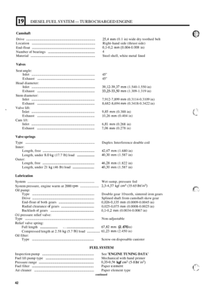 Page 2501191 DIESEL FUEL SYSTEM-TURBO CHARGED ENGINE 
Camshaft 
Drive ................................................................. 
Location ............................................................ 
End-float ............................................................. 
Number of bearings .............................................. 
Material ............................................................. 
Valves 
Seat  angle: 
Inlet 
...............................................................