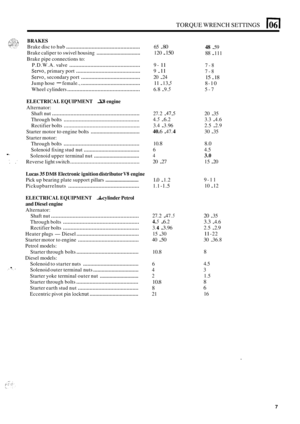 Page 44TORQUE WRENCH SETTINGS El 
BRAKES 
Brake disc to hub ................................................. 
Brake  caliper to  swivel housing ............................... 
Brake pipe connections  to: 
P.D.W.A.  valve 
............................................... 9- 11 
Servo, primary port ........................................... 9 . 11 
Servo. secondary  port ........................................ 20 . 24 
Jump  hose 
- female., ........................................ 11 . 13, 5 
6. 8 . 9. 5 
65...