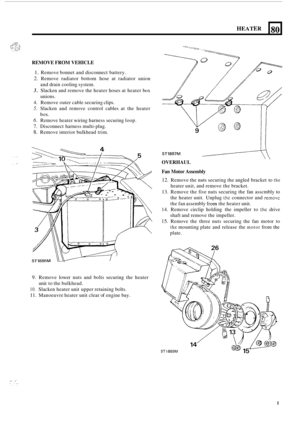 Page 513HEATER 
REMOVE FROM VEHICLE 
1. Remove  bonnet and disconnect  battery. 
2. Remove radiator bottom hose at  radiator  union 
3. Slacken and remove  the heater  hoses at heater box 
4. Remove  outer cable securing  clips. 
5. Slacken and  remove  control  cables at  the  heater 
6. Remove  heater wiring  harness  securing  loop. 
7. Disconnect  harness multi-plug. 
8. Remove  interior bulkhead  trim. 
and 
drain cooling  system. 
unions. 
box. 
80 
. .. ST1887M 
OVERHAUL 
Fan  Motor  Assembly 
12. Remove...