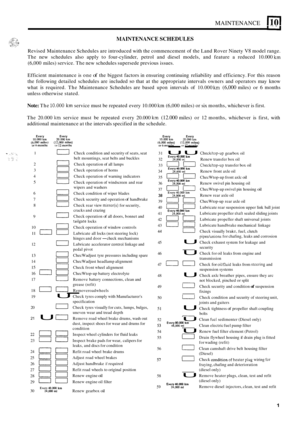 Page 54MAINTENANCE I 10 I 
MAINTENANCE SCHEDULES 
Revised Maintenance  Schedules are introduced  with the commencement  of the Land Rover  Ninety V8 model range. 
The  new  schedules  also apply  to four
-cylinder,  petrol and diesel  models,  and  feature  a reduced  10.000 km 
(6,000  miles)  service. The new  schedules  supersede  previous issues. 
Efficient  maintenance  is one 
of the  biggest  factors in ensuring  continuing  reliability  and efficiency. For  this  reason 
the  following  detailed...