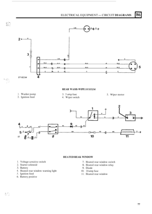 Page 617. .. I .. .. ,... ..I. ... i:. .I . ,. I. .., I *, L... , 
ELECTRICAL EQUIPMENT- CIRCUIT DIAGRAMS 1861 
2* 2. W 
3 m 
* 4 E 
*- v 
U *- 
RLG /rl RLG 0- R LO 
U 0. 5 NLG a NLG fl NLG NLG 
- - G > G r% G /3- G 
L *- 
ST1823M 4 
U 
ST1823M 4 
I. Washer pump 
2. Ignition feed 
REAR WASH-WIPE SYSTEM 
3. Sampfuse 
4. Wiper switch 
5. Wipcr motor 
WG WG BK 4 11 
NW  WE p \Bb b 
ST1825M 5332 6 8 10 11 
HEATED REAK WINDOW 
1. Voltage sensitive switch 
2. Starter solenoid 
3. Battery 
4. Heated  rear window...