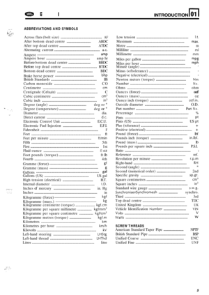 Page 627DEFENDER INTRODUCTION n 01 
,- ABBREVIATIONS AND SYMBOLS  .. . .- . a:.; ,;.: I: .I .:..,*-:.  Across  flats (bolt  size) .......................................... AF Low tension .......................................................... 1.t. 
After  bottom  dead centre .............................. ABDC 
After  top dead  centre 
..................................... ATDC 
Alternating  current 
.............................................. a.c. 
Ampere hour...