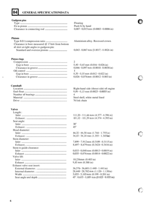 Page 15104 I GENERAL SPECIFICATION DATA 
Gudgeon pins 
Type .............................................................. 
Fit in piston ..................................................... 
Clearance in connecting  rod ................................ 
Pistons 
Type 8.0: 1 compression  ratio ............................... 
Clearance in bore measured @ 17 mm from  bottom 
of skirt at right  angles  to gudgeon  pin: 
Standard  and oversize  pistons 
........................... 
Piston rings 
Compression...