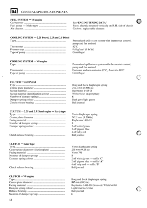 Page 21104 I GENERAL SPECIFICATION DATA 
FUEL SYSTEM - VS engine 
Carburetter ........................................................ 
Air cleaner.. ....................................................... 
See ‘ENGINE TUNING DATA’ 
Fuel  pump -Make,  type ...................................... Facet,  electric  mounted  vertically on R.H. side of chassis 
Cyclonc, replaceable  element 
COOLING SYSTEM - 2.25 Petrol, 2.25 and  2.5 Diesel 
Type.. ..................................................................