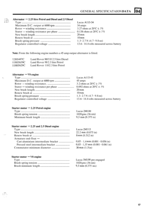 Page 26GENERAL SPECIFICATAION DATA 1041 
Alternator - 2.25 litre Petrol and  Diesel and 2.5 Diesel ,, -:. :. ?: ,:I .... . ,.:.;: .- I. ,,,. ,!Z, . Type .............................................................. 
Maximum D.C. output  at 6000 rpm ....................... 
Rotor - winding  resistance ................................. 
Stator - winding resistance  per phase ................... 
New  brush  length .............................................. 
Renew  brush at...