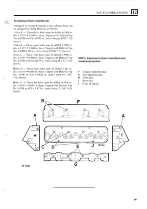 Page 103V8 CYLINDER ENGINE 1121 
-- Reclaiming cylinder head threads 
Damaged or stripped threads in the cylinder  head can 
be  salvaged  by fitting  Helicoils 
as follows: 
I~Ioles A -These threc holes may be drilled  0.3906 in. 
dia. x 0.937 + 0.040 in. deep. Tapped with Helicoil  Tap 
No. 6 CPB or 6CS x 0.875 in. (min.)  deep (g UNC 1%D 
insert). 
Holes B - These eight holes  may be drilled  0.3906 in. 
dia. x 0.812 + 0.040 in. deep.  Tapped  with Helicoil  Tap 
No. 6 CBB  0.749  in. (min.)  deep (a UNC 1MD...