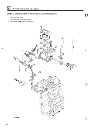 Page 26. 
LT230R TRANSFER GEARBOX 
GENERAL ARRANGEMENT  OF TRANSFER  GEARCHANGE  HOUSING 
1. Main selcctor  lever. 
2. Transfer  gear selector  assembly. 
3. Differential lock selector assembly. 
ST886M 
1 - 5 
f; 
P -* ‘J 
22  