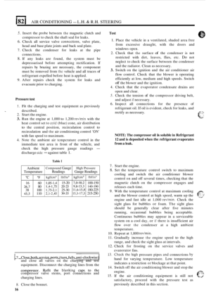 Page 24182 I AIR CONDITIONING - L.H. & R.H. STEERING 
Ambient 
Temperature 
C OF 
16  60 
26,7 80 
38  100 
433 110 
5. Insert the probe  between the magnetic  clutch and 
compressor  to check  the shaft  seal for leaks. 
6. Check all service  valve conncctions, valve plate, 
head  and base  plate  joints and  back seal plate. 
7.  Check  the  condenser  for  leaks at the  pipe 
connections. 
8. If  any  leaks  are found,  the system  must  be 
depressurised  before  attempting rectification. 
If 
repairs by...