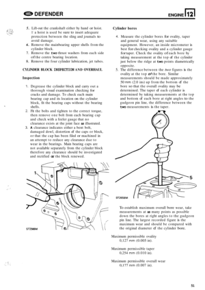 Page 55DEFENDER ENGINE n 12 
5. Lift-out the crankshaft  either by hand or hoist. 
If a hoist  is used  be sure to insert  adequate 
protection  between the sling  and joumals 
to 
avoid  damage. 
6. Remove  the mainbearing  upper shells from the 
cylinder  block. 
7. Remove  the two thrust washers  from each  side 
of the centre  bearing  location. 
8. Remove  the four  cylinder  lubrication,  jet tubes. 
CYLINDER  BLOCK INSPECTION AND OVERHAUL 
Inspection 
1. Degrease the cylinder  block and carry  out a...