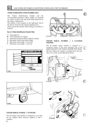 Page 84L 
01 LOCATION OF VEHICLE IDENTIFICATION  AND UNIT  NUMBERS i 
VEHICLE  IDENTIFICATION  NUMBER (MN) 
The Vehicle  Identification  Number  and  the 
recommended  maximum  vehicle  weights are stamped 
on  a plate  riveted  to  the 
top of the  brake  pedal  box in 
the engine compartment. 
The  number  is also  stamped  on the  right
-hand  side  of 
the  chassis  forward  of the  spring  mounting  turret. 
Always  quote this number  when writing  to Land Rover 
Limited. 
Key  to Vehicle  Identification...