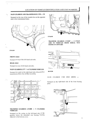 Page 85I. 
1 
.. ..... 
ST663M 
.. 
FRONT AXLE 
Stamped on top of the  left-hand  axle tube. 
REAR  AXLE 
Stamped  on rear  of left-hand  axle tube. 
MAIN  GEARBOX  LT77 - 4 CYLINDER  VEHICLES 
Stamped on a pad  on the  right-hand  side of the gearbox 
immediately below  the oil filler  level plug. 
RR 470M 
TRANSFER  GEARBOX LT230R - 4 CYLINDER 
VEHICLES 
Stamped on  the  casing  on the  left-hand  side of the 
gearbox below the mainshaft  rear bearing housing 
adjacent  to the  bottom  cover.  Stamped 
plate....