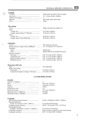 Page 95GENERAL SPECIFICATION DATA 104 I 
Camshaft 
Location .............................................. Right-hand side (thrust side) of engine 
End
-float ........................................................ 
Material ............ ..................................... Stee!  shell, white  metal lined 
Drive 
........................................... Chain 
0,l - 0,2 mm (0.004 - 0.008 in) 
Number 
of bcarings .......................... ..... 4 
Valve  springs 
Type...