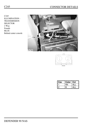 Page 149   CONNECTOR DETAILS
DEFENDER 90 NASC245C245
ILLUMINATION -
TRANSMISSION
SELECTOR
2 Way
Female
BLUE
Behind center consoleCavColorCct1RKALL2BALL 