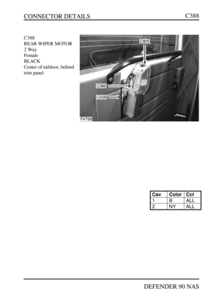 Page 178CONNECTOR DETAILS
DEFENDER 90 NASC388C388
REAR WIPER MOTOR
2 Way
Female
BLACK
Center of taildoor, behind
trim panelCavColorCct1BALL2NYALL 