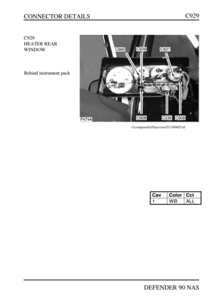 Page 274CONNECTOR DETAILS
DEFENDER 90 NASC929C929
HEATER REAR
WINDOW
Behind instrument packt:\compuset\erl\faceview\I00465.tifCavColorCct1WBALL 