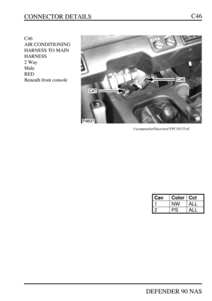 Page 72CONNECTOR DETAILS
DEFENDER 90 NASC46C46
AIR CONDITIONING
HARNESS TO MAIN
HARNESS
2 Way
Male
RED
Beneath front consolet:\compuset\erl\faceview\YPC10133.tifCavColorCct1NWALL2PSALL 