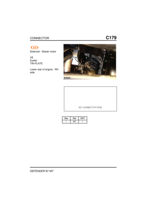 Page 121CONNECTORC179
DEFENDER 97MY
Solenoid -Starter motor
V8 EyeletTIN-PLATE Lower rearofengine -R H
side
Cav ColCCT
1N R1   