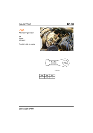 Page 123CONNECTORC183
DEFENDER 97MY
Alternator /generator
V8 EyeletBRONZE Front LHside ofengine
Cav ColCCT
1N 1   