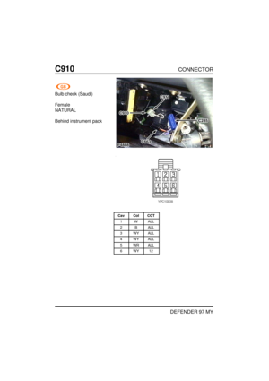 Page 252C910CONNECTOR
DEFENDER 97MY
Bulb check (Saudi)
Female NATURAL Behind instrument pack
CavColCCT
1 WALL
2 BALL
3 WY ALL
4 WY ALL
5 WR ALL
6W Y12   