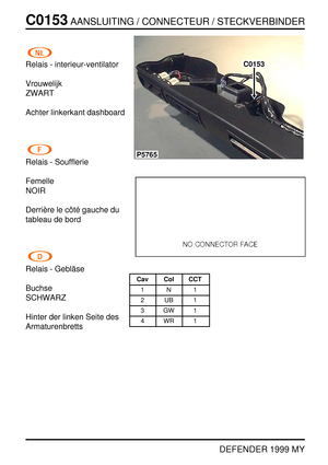 Page 127C0153AANSLUITING / CONNECTEUR / STECKVERBINDER
DEFENDER 1999 MY
Relais - interieur-ventilator
Vrouwelijk
ZWART
Achter linkerkant dashboard
Relais - Soufflerie
Femelle
NOIR
Derri `ere le c ˆot ´e gauche du
tableau de bord
Relais - Gebl ¨ase
Buchse
SCHWARZ
Hinter der linken Seite des
Armaturenbretts
P5765
C0153
Cav Col CCT
1N1
2UB1
3GW1
4WR1 