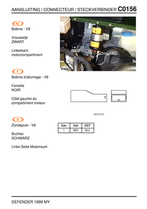 Page 128AANSLUITING / CONNECTEUR / STECKVERBINDERC0156
DEFENDER 1999 MY
Bobine - V8
Vrouwelijk
ZWART
Linkerkant
motorcompartiment
Bobine d’allumage - V8
Femelle
NOIR
Cˆot ´e gauche du
compartiment moteur
Z¨undspule - V8
Buchse
SCHWARZ
Linke Seite MotorraumCav Col CCT
1 WG ALL 