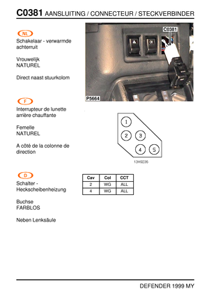 Page 181C0381AANSLUITING / CONNECTEUR / STECKVERBINDER
DEFENDER 1999 MY
Schakelaar - verwarmde
achterruit
Vrouwelijk
NATUREL
Direct naast stuurkolom
Interrupteur de lunette
arri `ere chauffante
Femelle
NATUREL
Acˆot ´e de la colonne de
direction
Schalter -
Heckscheibenheizung
Buchse
FARBLOS
Neben Lenks ¨aule
P5664
C0381
Cav Col CCT
2 WG ALL
4 WG ALL 